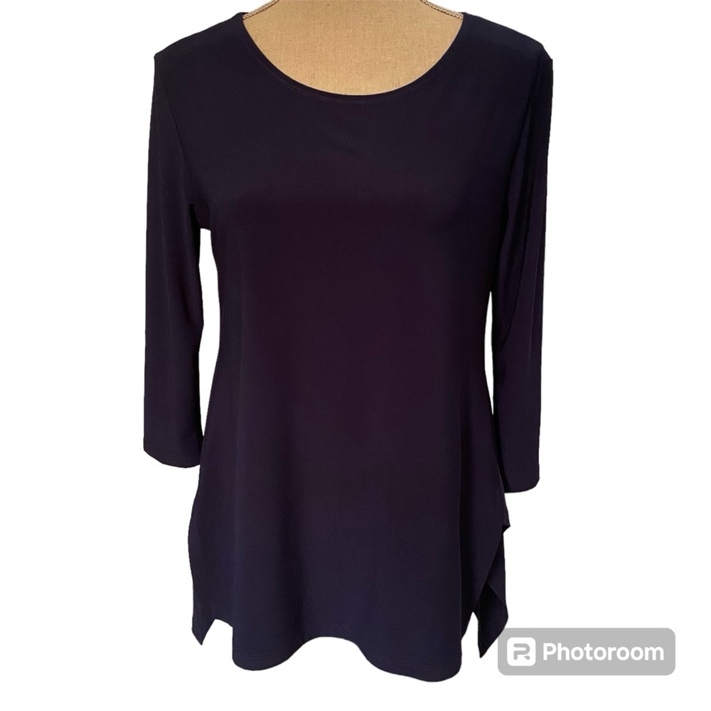 Clara Sun Woo Top tunic blue stretch high low hem 3/4 sleeve Size S